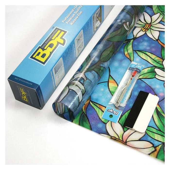 BDF 1CGB Window Film Floral Stained Glass Non-Adhesive Static Cling